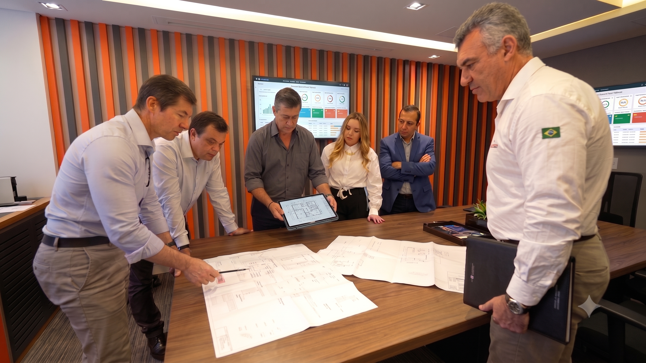 Colegiado técnico Safety2U em reunião: equipe analisando painel e projetos