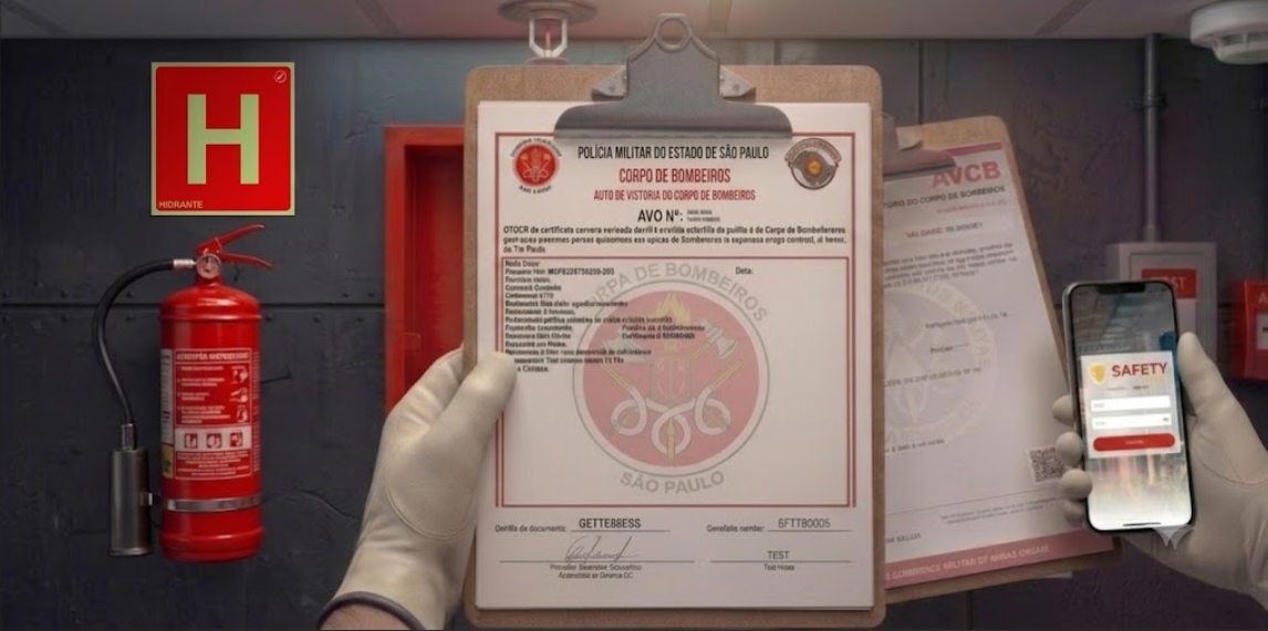Auto de Vistoria do Corpo de Bombeiros (AVCB) em prancheta, ao lado de extintor e app de gestão de segurança
